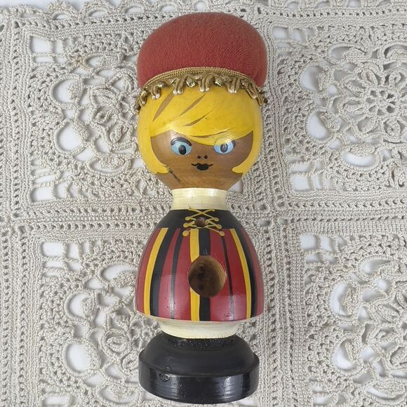 Vtg Wooden Pin Cushion Doll Thimble Cut Out Belly Button Hand Painted Kitschy - Picture 1 of 8